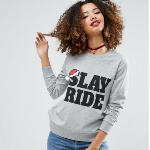 ASOS Crewneck SLAY RIDE Santa Hat Holiday Festive Gray Graphic Sweatshirt Top - Picture 2 of 11